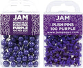 JAM PAPER Colorful Push Pins - Flat & Round Head Thumb Tack Combo Set - Purple Pushpins - 200/Pack