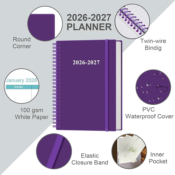 2026-2027 Planner - 18 Months Weekly & Monthly Planner from January 2026 - June 2027, Spiral Planners 2026-2027 with Elastic Closure, Inner Pocket, Medium 5.8" x 8.3", Purple