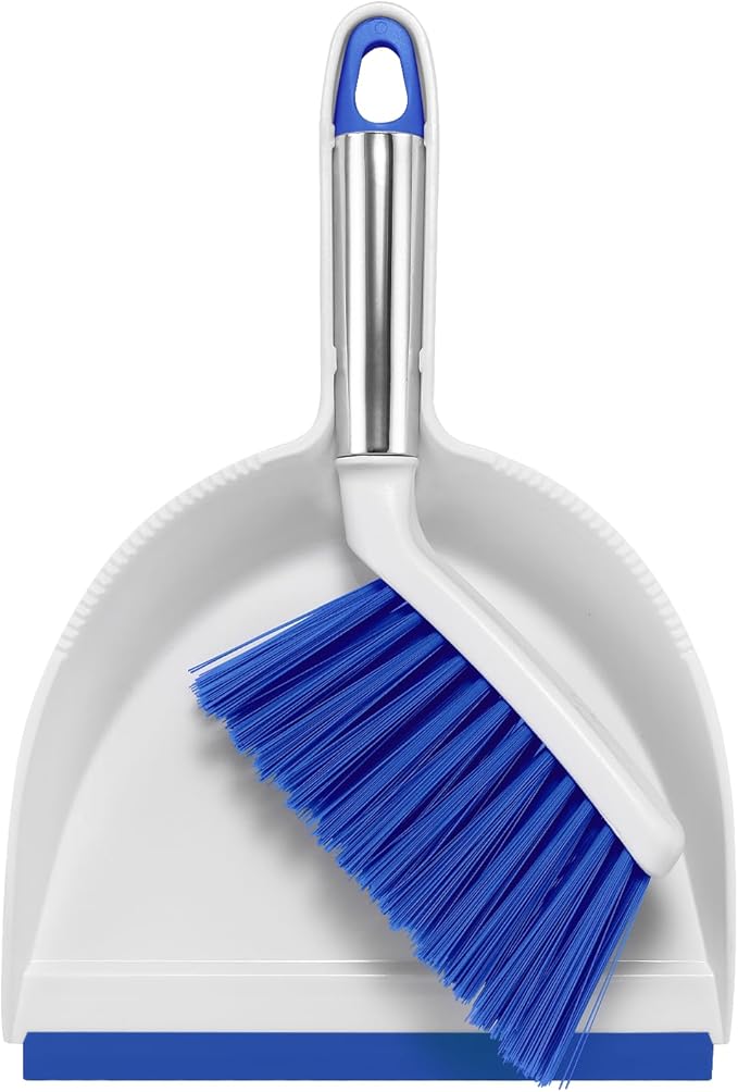 NACENA Mini Broom and Dustpan Set, Small Dust Pan and Brush Set with Handle Dustpan Teeth for Cleaning Hair Suitable for Office Desks Drawers Sofas Outdoor Camping, Blue