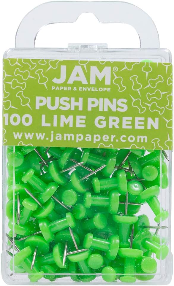 JAM PAPER Colorful Push Pins - Lime Green Pushpins - 100/Pack