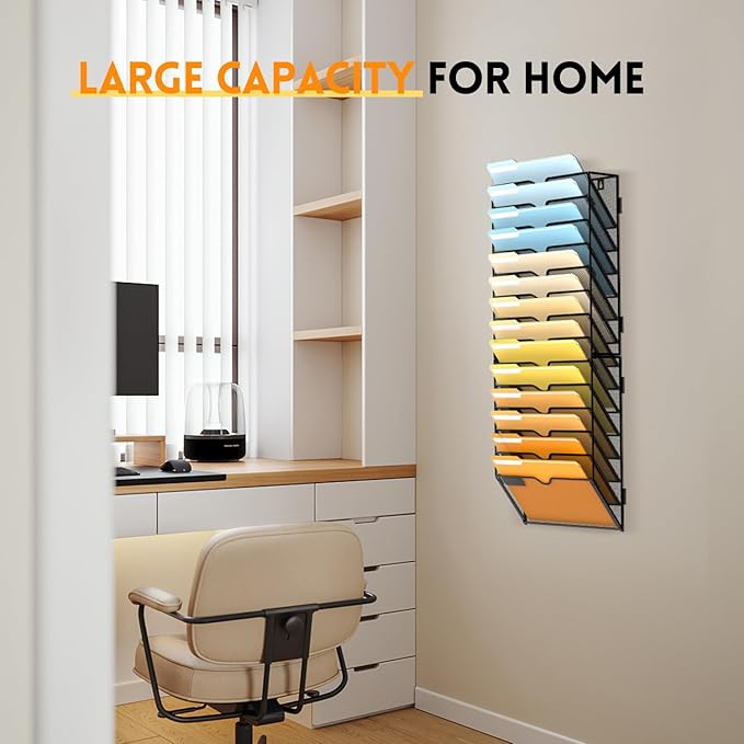 SUPEASY Wall File Organizer Mesh Office Mail Holder, Hanging Wall Organizer Magazine Rack for Office Black, 14 Tier