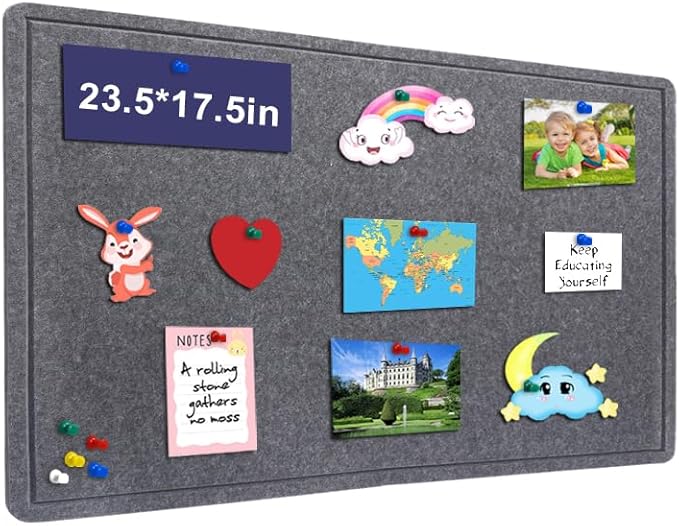 Bulletin Board - 23.5 x 17.5 inches Decorative Felt Pin Board - Cork Board Alternative for Wall - Foldable Photo Board Self-Adhesive Prayer Board with 20 Pushpins - Dark Gray