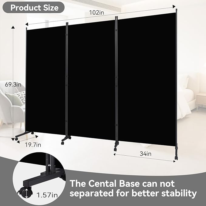 Room Divider (3 Panel) Wall Divider for Room Separation, 102 inch Wide Portable Privacy Screens W/Wheels, Metal Frame Freestanding Room Separators 5.6FT Room Partitions and Dividers