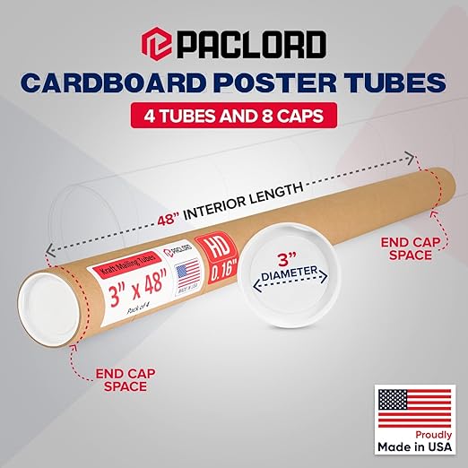 Paclord 3" x 48" Heavy-Duty Reinforced Cardboard Mailing Tube, Pack of 4 Tubes with 8 Caps – Secure USPS Approved – Great for Shipping and Storing of Prints, Artwork, Posters or Documents