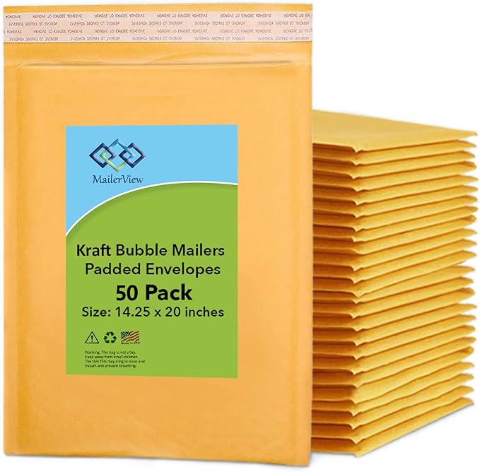 Kraft 14.25x20 Extra Large Bubble Mailers #7 | Self Seal Padded Envelopes | Air Lined Cushioned Yellow Bubble Mailer | Usable Size 14.25x19 | 50 Pack Bulk | Lightweight shipping Bags | Made in USA