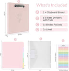 SKYDUE Pink 3 Ring Binder with Clipboard,1 Inch Linen Binder for 3 Hole Punch Letter Size Loose Leaf Paper with 5 Dividers, Pocket and Labels School and Office Supplies