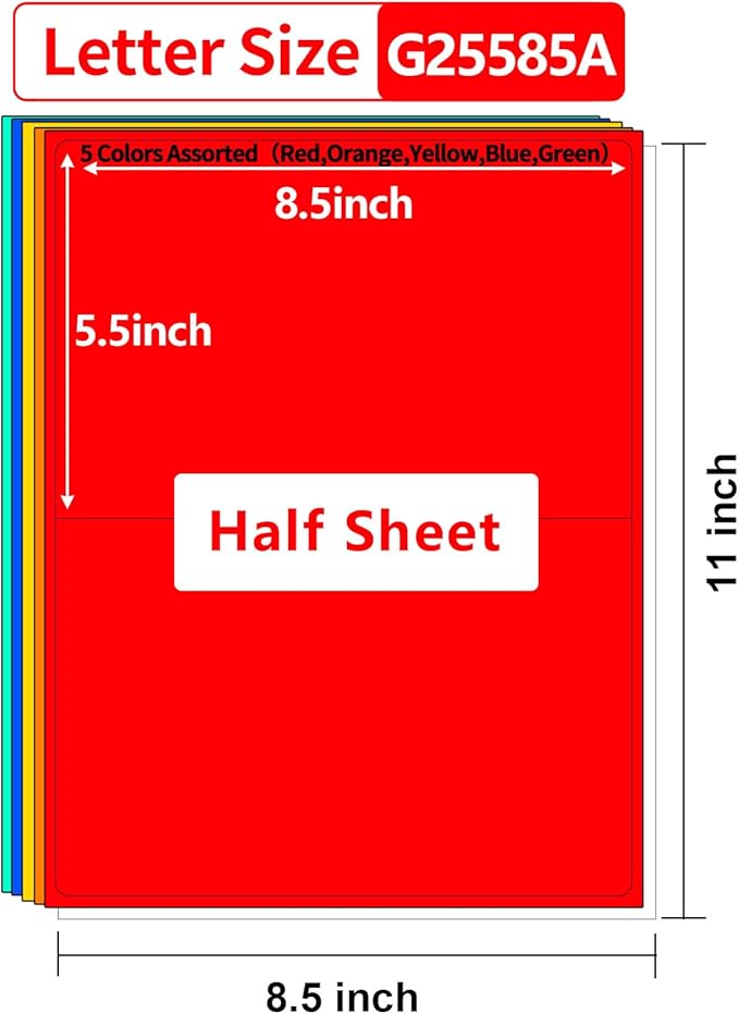 Gemsroyal Colored Half Sheet Shipping Labels Printable,5.5"×8.5" Half Page,5 Colors Assorted(Red,Orange,Yellow,Blue,Green),Color Neon Label Sticker Paper for Printer,Coloful Large Stickers Labels