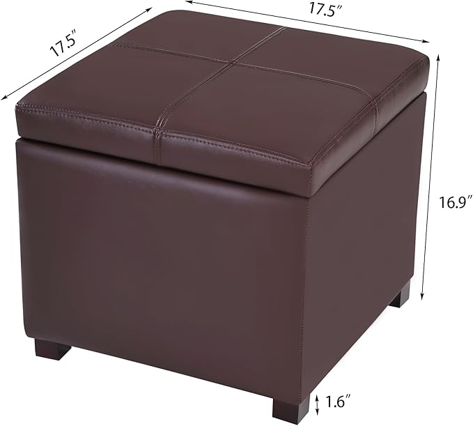 Asense 17 Inch Storage Ottoman Foot Rest,Square Faux Leather Foot Stool,Small Ottoman with Storage,Padded Seat for Entryway,Living Room,Bedroom,Couch,Under Desk,Brown