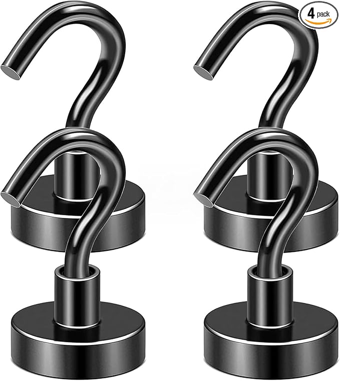 DIYMAG Black Magnetic Hooks, 85 LB Heavy Duty Strong Magnets with Hook, Rare Earth Neodymium Magnet Magnetics for Cabins Cruise Ship Essentials 4 Packs