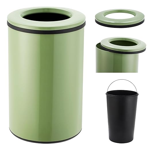 Takywep Stainless Steel Open Top Trash Can, 10.6 Gallon Cylindrical Touch-Free Direct Toss Bin with Soft-Close Lid, Anti-Fingerprint Easy-Clean for Kitchen Office Bathroom (Green)