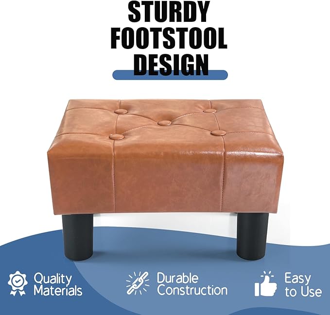 BRIAN & DANY Small Foot Stool, Leather Foot Stools with Legs, Stable Small Footstool for Living Room, Light Brown