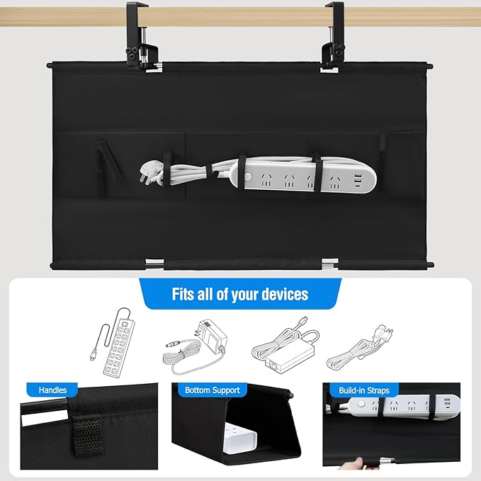 Under Desk Cable Management Tray, 36-Inch Heavy Duty No-Drill Clamp & Screw Mount Cord Organizer, Holds Power Strip & Large Adapters for Home Office, Gaming Desk, Study Room