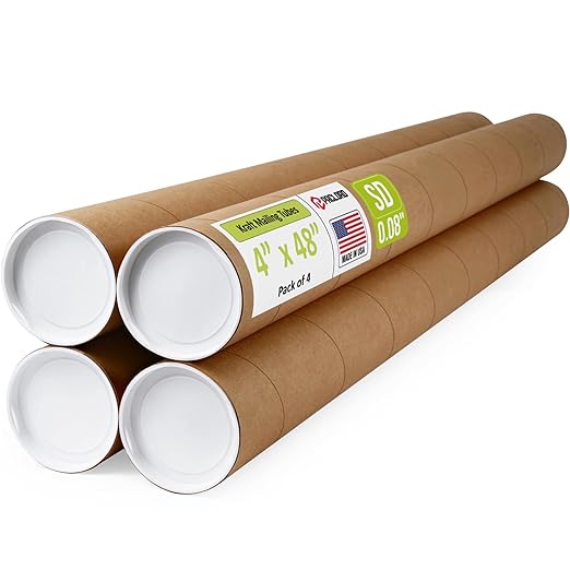 4" x 48" Reinforced Kraft Paper Mailing Tube, Pack of 4 Tubes with 2 Caps Each – USPS Approved Poster Tube – Made in USA Cardboard Tube for Shipping and Storing Posters, Prints, Artwork, or Documents