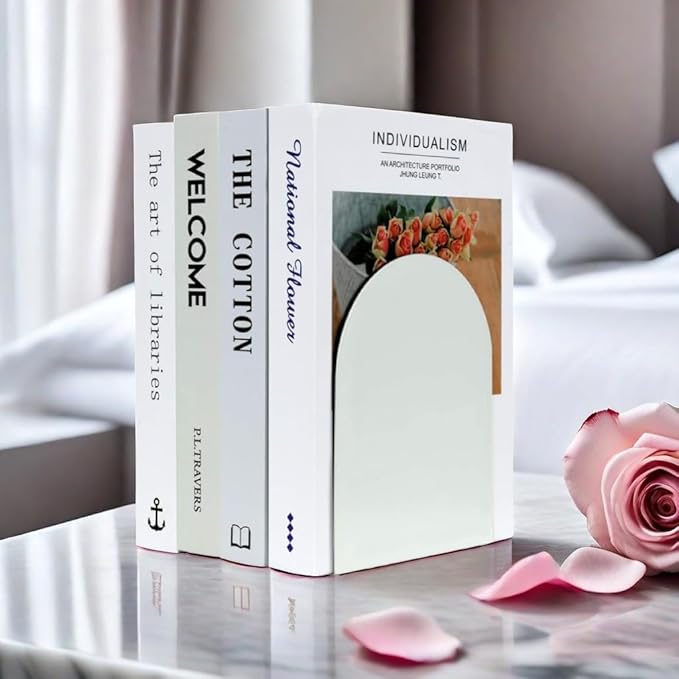 Lulonpon 6 Pieces Book Ends, Bookends, Books Stand, Metal Bookend for Shelves, White Book Ends for School, Library, Desktop Organizer
