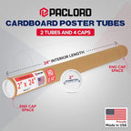 Paclord 2" x 24" Heavy-Duty Reinforced Cardboard Mailing Tube, Pack of 2 Tubes with 4 Caps – Secure USPS Approved – Great for Shipping and Storing of Prints, Artwork, Posters or Documents