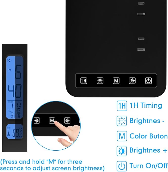 snsok Smart Desk Lamp with Dual USB Charging (Type-C/USB-A) & 2 AC Outlets, Digital Clock, Temperature Display, 5 Color Modes, 5 Brightness, Adjustable - for Office, Bedroom, Dorm Room, Study