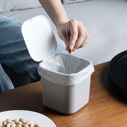SILJIATING Mini Desktop Trash Can with Trash Bags, Small Countertop Waste Bin with Lid for Office, Skincare & Makeup Table, Tiny Aesthetic Garbage Bin for Bedside Gray(1pc)