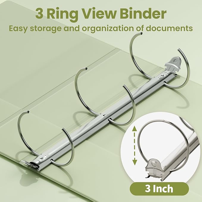 SUNEE 3 Ring Binder 3 Inch 1 Pack, Clear View Binder Three Ring PVC-Free (Fit 8.5x11 Inches) for School or Office Supplies, Sage Green