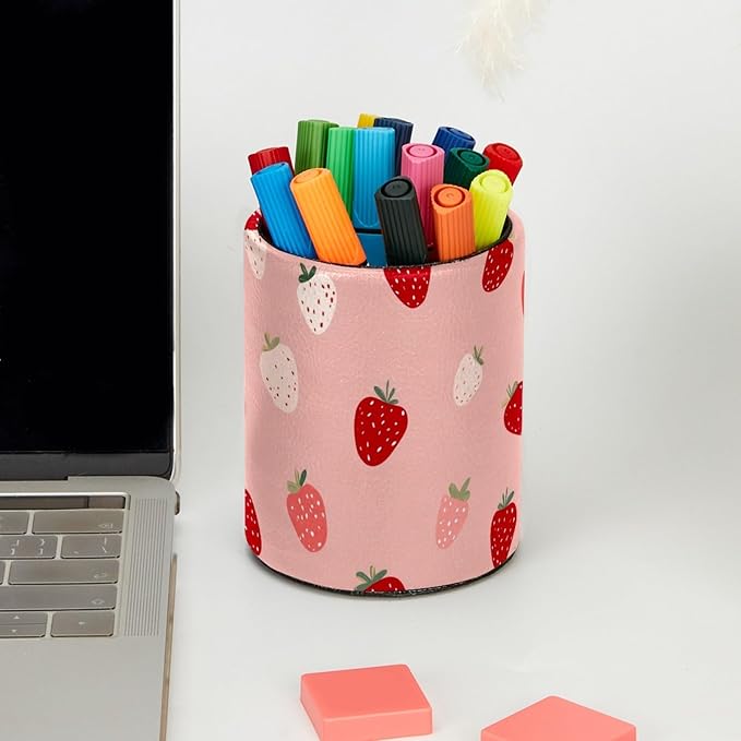 Leather Pen Holder for Desk Strawberries Pencil Cup Desktop Organizer Makeup Brush Holders Office Supplies for Home, Kids & School