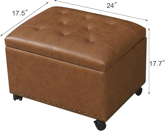 Decent Home 24" Leather Storage Ottoman with Steerable Rolling Wheels, Rectangle Foot Rest Ottoman with Storage for Living Room Bedroom, Vintage Golden Brown