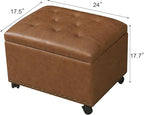 Decent Home 24" Leather Storage Ottoman with Steerable Rolling Wheels, Rectangle Foot Rest Ottoman with Storage for Living Room Bedroom, Vintage Golden Brown