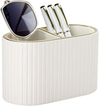 KINGFOM PU Leather Desk Organizer Pen Holder – Dual-Compartment Stylish Pencil Cup Remote Control Holder Desktop Supplies and Accessories Organizer Caddy for Office Home School (Light Beige)