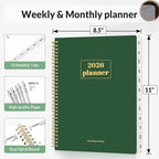 SUNEE 2026 Planner, Weekly and Monthly Calendar Planner, January 2026-December 2026, Daily Agenda with Tabs, Note Pages, Spiral Binding, 8.5"x11", Deep Green