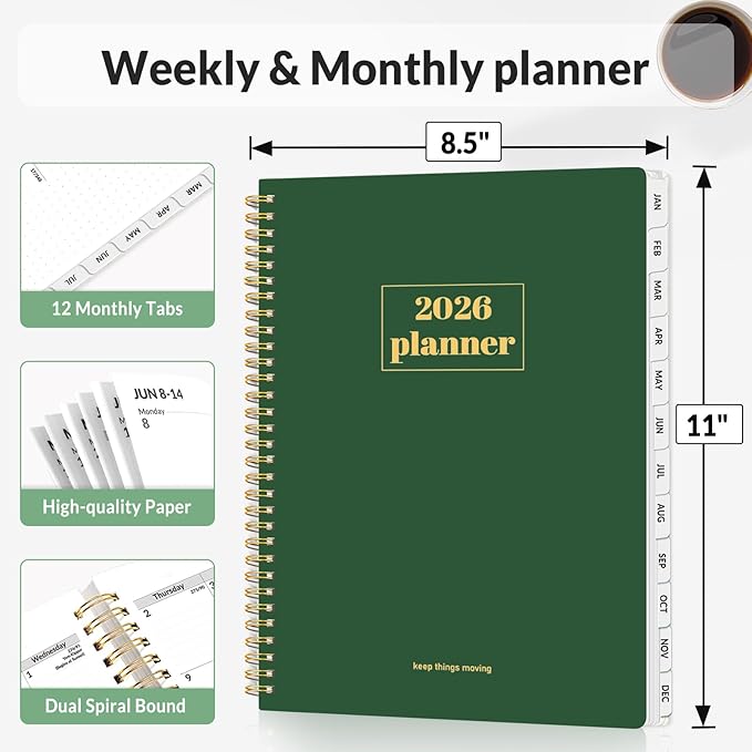 SUNEE 2026 Planner, Weekly and Monthly Calendar Planner, January 2026-December 2026, Daily Agenda with Tabs, Note Pages, Spiral Binding, 8.5"x11", Deep Green