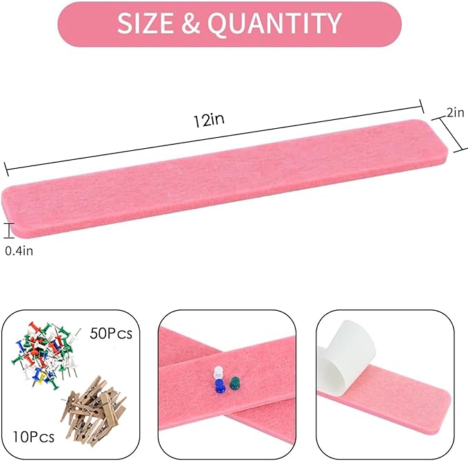 Vuzvuv 8 pcs Bulletin Board Bar Strips with 50 Pushpins & 10 Wooden Clip pins，Self Adhesive Cork Board for Wall，Felt Pin Board for School，Office Decor(Pink)