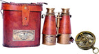 Nautical Marine Binocular Leather Case with Antique Brass Compass