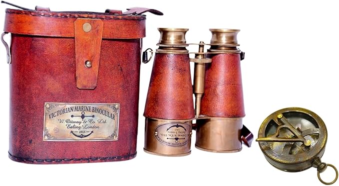 Nautical Marine Binocular Leather Case with Antique Brass Compass