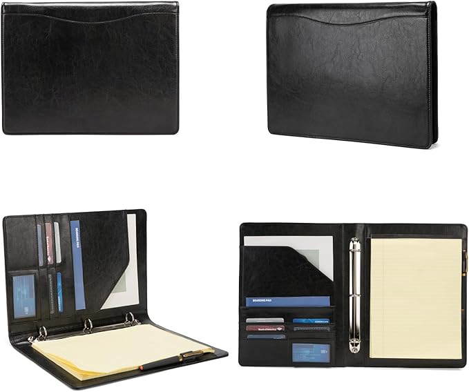 Geslun Vegan Leather 3 Ring Binder, 8.5 x 11 Letter Size Folio with Pen Holder, Soft Notebook Portfolio Cover, Slim Notepad Padfolio Thin File Organizer for Work Executive Meeting, Black