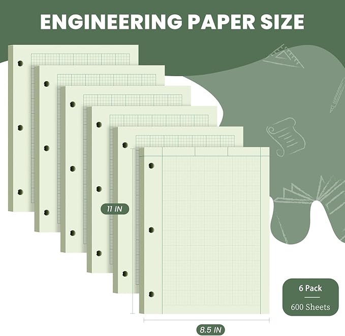 Engineering Computation Pad, 6 Pack Engineering Paper 8.5 x 11, 5x5 Quad Ruled, Top Glue Binding Engineering Notebook 8.5 x 11, 3-Hole Punched Grid Paper, Graph Paper Notebook 100 Sheets Per Pad
