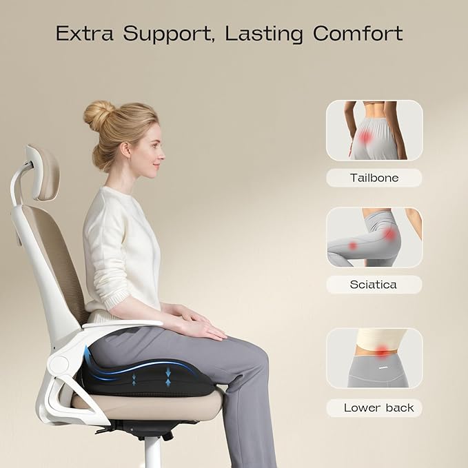 ZZ-WELL Seat Cushions for Office Chairs - Patented Coccyx Cushion for Tailbone Pain - 21.2" W x 16.5" L Memory Foam Extra Large Seat Cushion, Removable & Machine Washable Cover (Black)