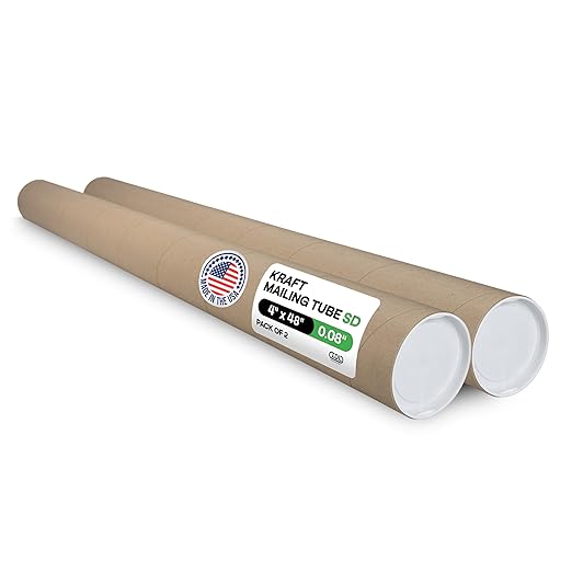 Cardboard Mailing Tubes, 4" x 48" with Plastic Caps, Pack of 2 - USA-Made USPS Approved Poster Tube for Documents & Blueprints - Reinforced Mailing Cylinders for Shipping & Storage by IDL Packaging