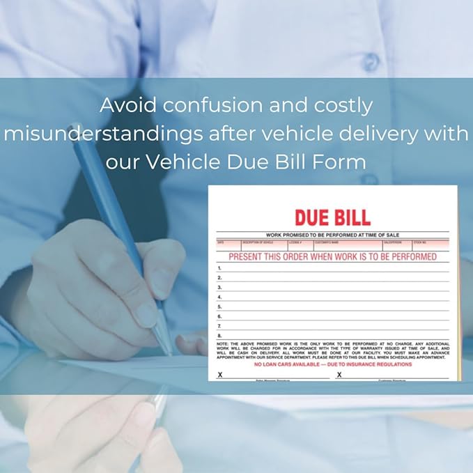 Vehicle Due Bill Form - 3-Part Carbonless Snap-Out 8.5 x 7.75 Car Dealership Service Agreement Forms, Auto Repair Vehicle Documentation Forms NCR - White, Canary, Pink - Pack of 100