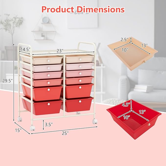Happygrill 12-Drawer Rolling Storage Cart, Multipurpose Organizer Cart for Home Office School, Utility Cart with Wheels (Gradient Pink)