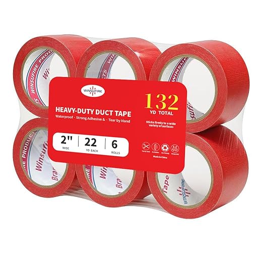 WINSUFIRE Duct Tape Heavy Duty, Heavy Object Packaging, and Home Repairing,Strong Adhesive Duct Tape for Indoor Outdoor Repairs, 2-inch by 22-Yard, 6-Roll,Total 132 Yards (Red)