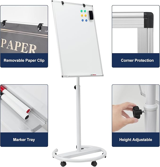 TSJ OFFICE Mobile Whiteboard Standing - 36 X 24 Inches Magnetic Dry Erase Easel, Height Adjustable Rolling White Board on Wheels with Flip Chart Hooks, White