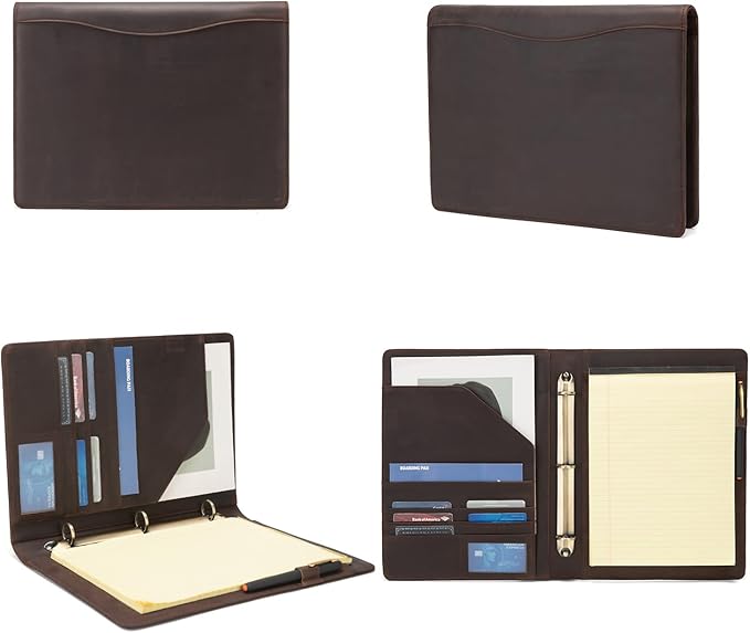 Geslun Personalized Genuine Leather 3 Ring Binder, Custom Engraved 8.5 x 11 Letter Size Folio with Pen Holder, Soft Notebook Portfolio Cover, Notepad Padfolio Organizer for Meeting, Dark Brown