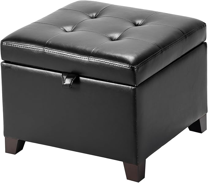Asense 17 Inch Storage Ottoman Foot Rest,Square Faux Leather Foot Stool,Small Ottoman with Storage,Padded Seat for Entryway,Living Room,Bedroom,Couch,Under Desk,Black