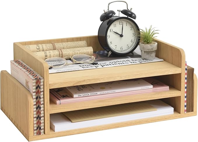 KIRIGEN Wood 3-Tier Office Desktop Document Tray - Mail Sorter Organizer Rack - Wooden Document Letter Stand for Folders, Mail, Stationary, Desk Accessories Natural(2TP-NA)
