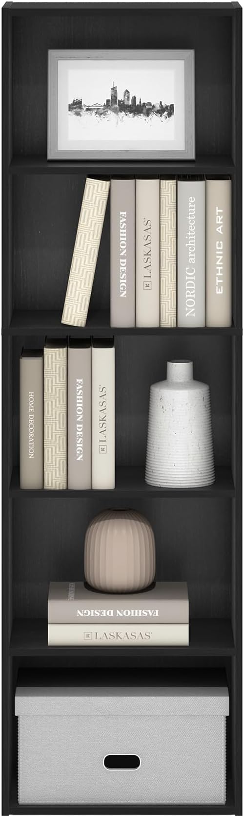 Furinno LUDER Book Shelf, 5-Cube Bookshelf, Bookcase with Open Shelf, 9.4 x 15.8 x 52, for Living Room, Bedroom, Home Office, Blackwood
