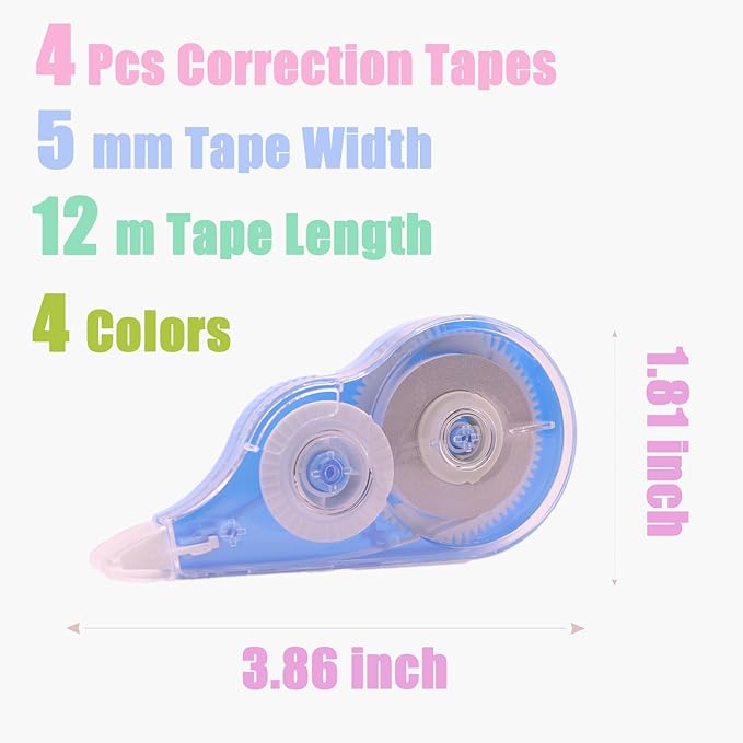 Tramboo 4 Pcs 39.4 Ft Colorful Correction Tape, White Wrong Out Tape Roller Bulk for Noting, Teacher Supplies, School, Office (4 Colors)