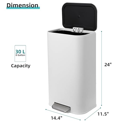 DYTesa 8 Gallon White Stainless Steel Foot Pedal Trash Can | Rectangular Slim Design Saves Space | Soft-Close Lid & Removable Inner Bucket | Stylish Garbage Bin for Kitchen, Office, Living Room
