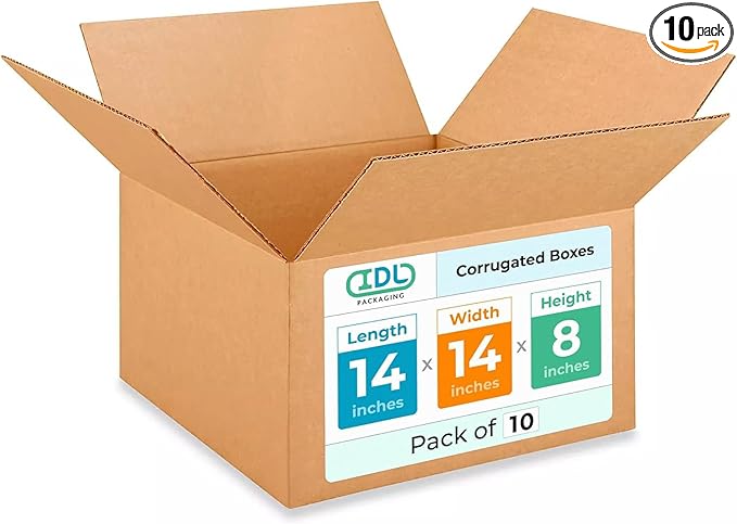 IDL Packaging Medium Corrugated Shipping Boxes 14"L x 14"W x 8"H (Pack of 10) – Prime Choice of Strong Packing Boxes for USPS, UPS, FedEx Shipping – Easy-to-Recycle Cardboard Boxes for Packaging