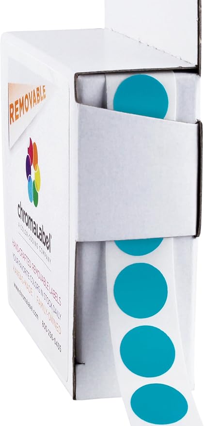ChromaLabel 0.50 Inch Round Label Removable Color Code Dot Stickers, 1000 Labels per Dispenser Box, Teal
