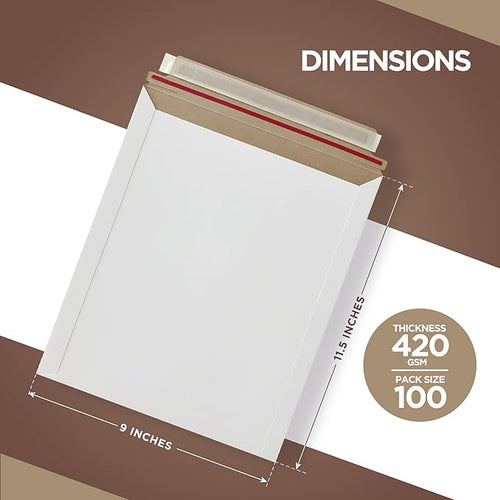 100 Pack 9x11.5 Inches Rigid Mailers – Self Adhesive White Cardboard Envelopes – Used as Mailing Supplies for Documents, Photos, CDs, Magazines, and Literature