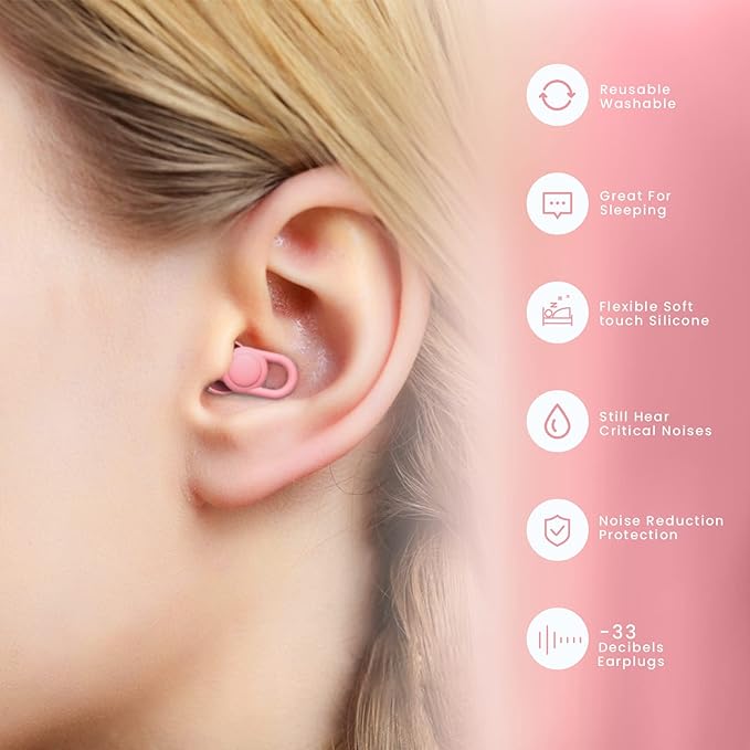 Silicone Reusable Soft Comfortable Earplugs for Sleeping, Flights & Noise Sensitivity - 16 Ear Tips in XS/S/M/L, with 2 Travel Boxes - 33dB Noise Cancelling (Pink)