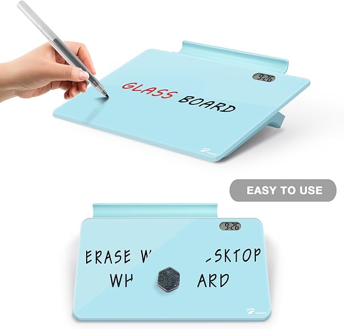 Small Glass Desk Whiteboard Dry-Erase Board with Clock, Small Travel Clock Keychain with Desk Notepad, Time Table Whiteboard for Desk Digital LED Light Display, 8x6 in with Accessories, Aqua Blue